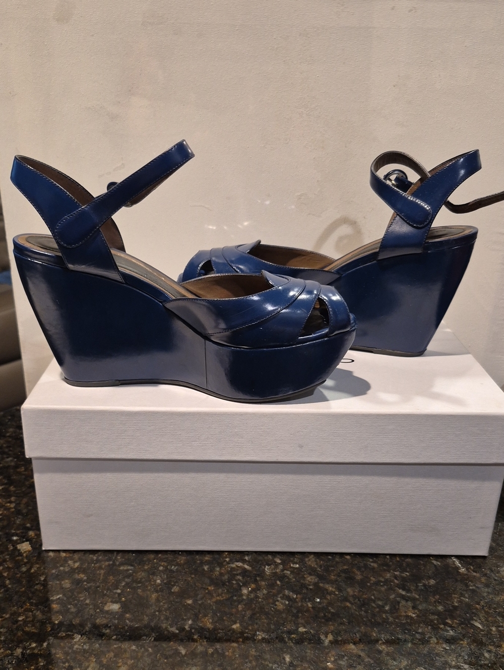 Marni Navy Patent Platform Wedge Sandals with Ankle Strap